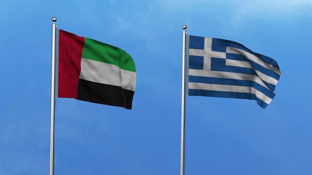 United Arab Emirates  and Greece Waving Flags, 3D Illustration