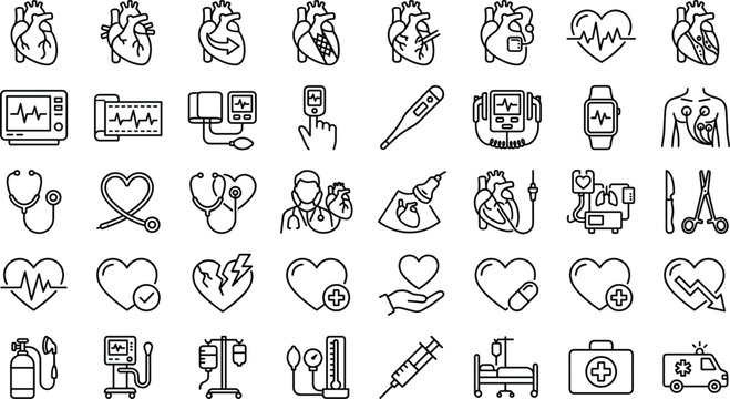 Cardiology line icons set with human heart pulse monitor stethoscope ecg and medical healthcare equipment vectors