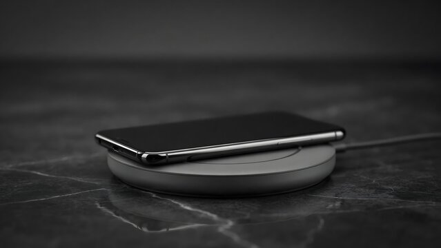Matte black smartphone on circular wireless charging base &ndash; Suitable for smart device promotions, minimalist tech layouts, or gadget branding.