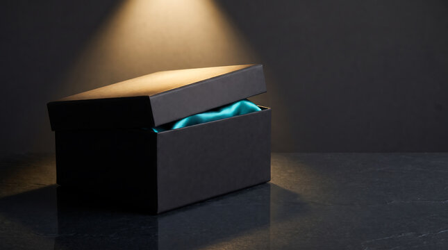 Black gift box with a partially open lid revealing turquoise fabric inside, illuminated by a warm light source against a dark background
