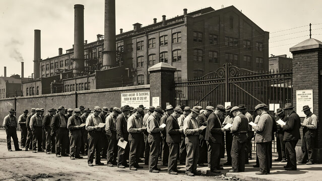 During the Great Depression，Factory Workers Gathering Outside Industrial Facility