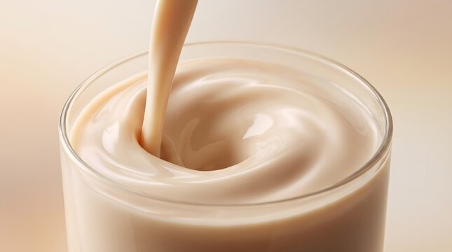 Close up of chocolate milk being stirred with a wooden spoon in a glass