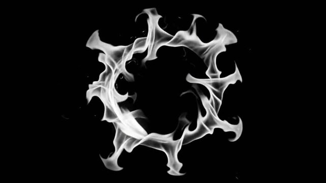 Animation Three white circular fire rings burning in a horizontal row on a solid black background with burning against three distinct Video.