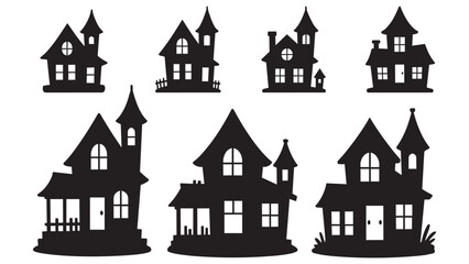 Naklejka premium Black and white silhouette haunted houses illustration set