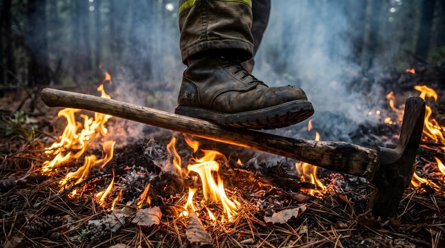 Person resting feet by a warm campfire in a misty forest environment