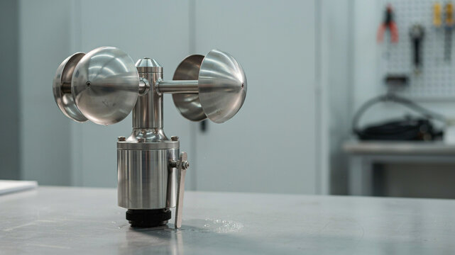 Polished stainless steel anemometer with two hemispherical cups mounted on a central spindle, resting on a metallic workbench surface with a blurred workshop background.keywords: anemometer, wind