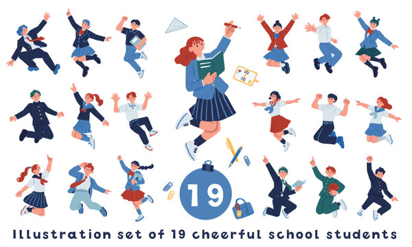 ダンスするように飛び跳ねる学生19人の制服イラストセット