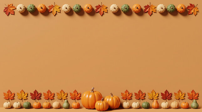 A festive autumn background featuring a top and bottom border of colorful fall leaves and small pumpkins arranged neatly on a warm brown surface