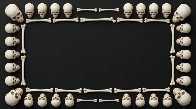 Rectangular frame made of human skulls and bones isolated on a solid black background