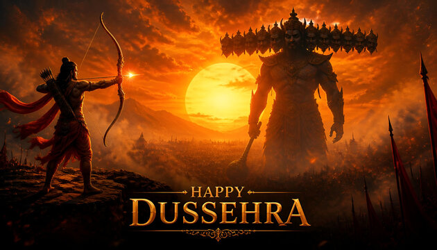 Lord rama aiming bow and arrow at demon ravana during sunset for happy dussehra festival with dussehra