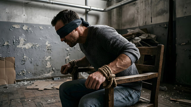 Man in Blindfold and Shackles in Abandoned Room for Themed Photo