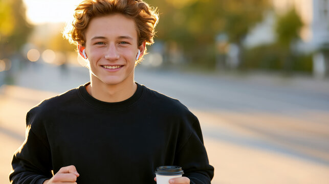 Happy young man jogging outdoors in casual wear holding coffee cup