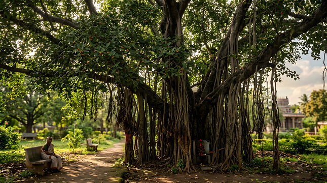 Majestic Banyan Tree in a Serene Park Setting