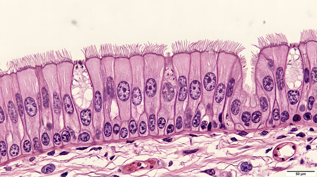 Microscopic View of Intestinal Epithelial Cells in Pink and Purple Stains