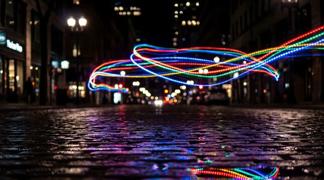 Colorful light trails reflecting in a wet city street at night