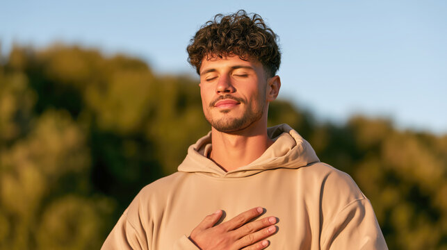Young man outdoors meditating with eyes closed and hand on chest