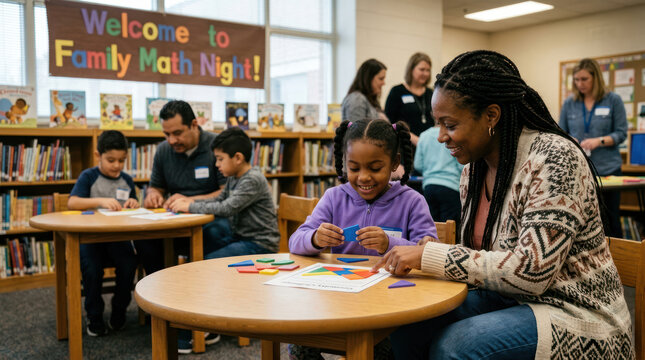Diverse families engage in educational math activities at school event.