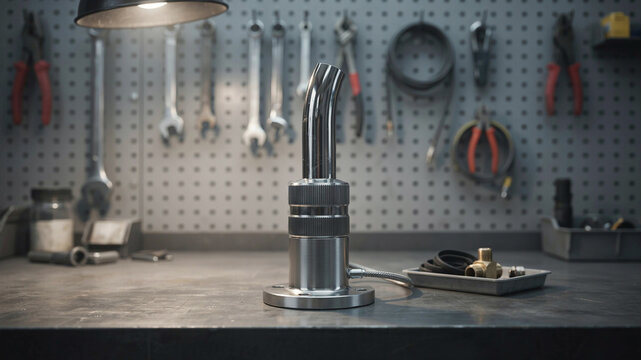 Silver metallic industrial component with a curved spout, mounted on a base, placed on a workbench in a workshop, with various tools hanging on a pegboard behind it
