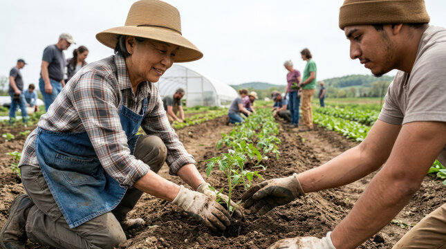 Diverse group of people planting seedlings in a community garden on a sunny day.