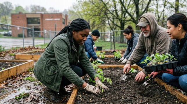 Diverse group of people planting seedlings in raised garden beds outdoors.