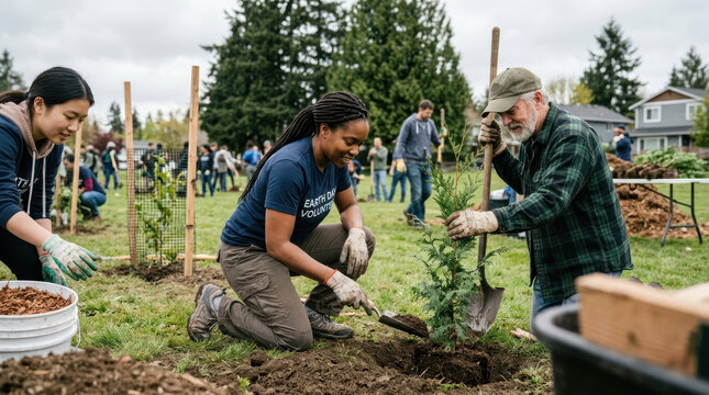 Diverse group of people planting trees together outdoors.