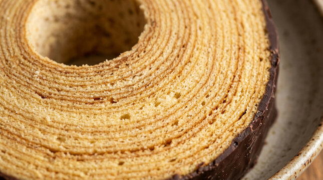 Traditional German Baumkuchen cake with chocolate coating on a plate, showing many thin concentric layers
