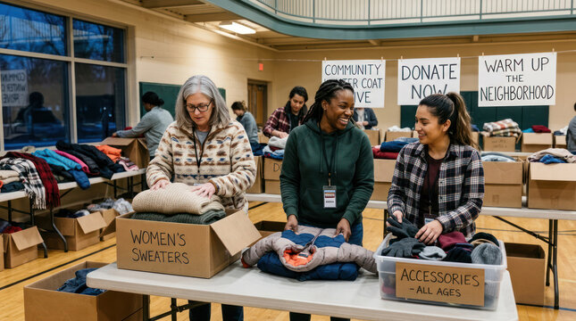 Diverse group of volunteers sorting clothes for donation.