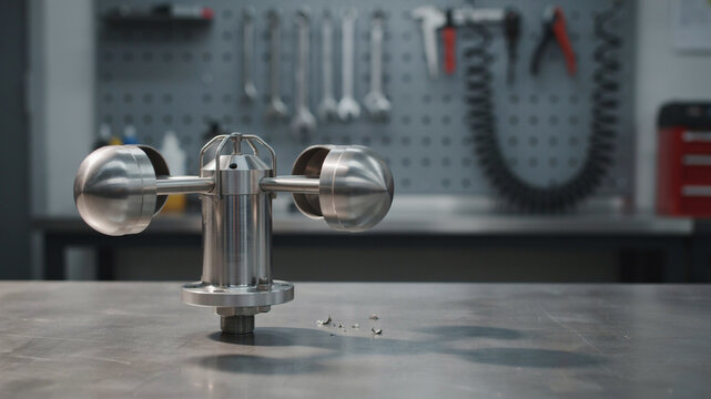 Stainless steel anemometer with two hemispherical cups and a central rotor, positioned on a metallic workbench with scattered metal shavings and a blurred workshop background.keywords: anemometer