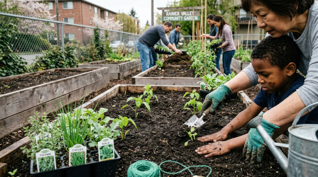 Family planting vegetables in a community garden together.