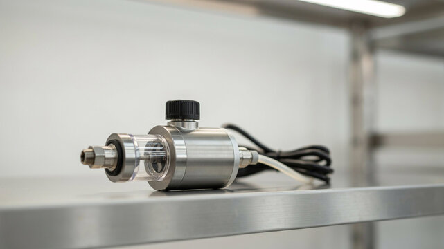 Stainless steel flow meter with black cap and tubing on a metal shelf in a laboratory setting, close-up view keywords: flow meter, stainless steel, laboratory equipment, scientific instrument