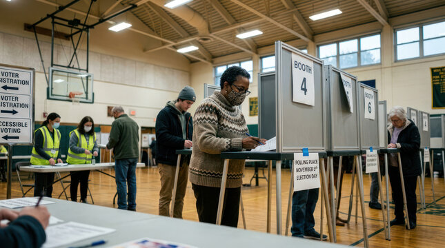 People casting votes in polling booths during an election event.