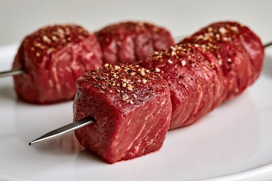 Raw beef meat skewers on white plate with seasoning and spices ready