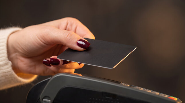 Hand holding a black credit card above a payment terminal with buttons and a display, showcasing a transaction process in a retail environment