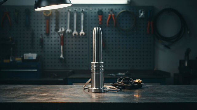 Tall, slender silver metallic with ribbed detailing, standing upright on a workbench in a dimly lit workshop, illuminated by an overhead lamp, with tools on a pegboard in the background