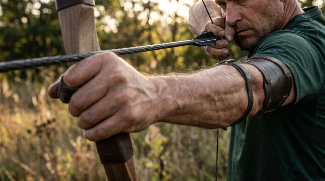 Archery hunter aiming traditional wooden bow outdoors