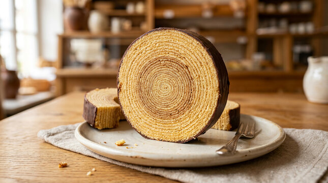 Traditional German Baumkuchen Tree Cake with Chocolate Glaze Served on a Rustic Table