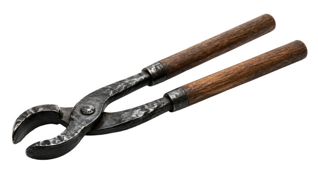 Hand forged blacksmith tongs with worn wooden grip on transparent background, showing rugged metal texture and traditional workshop craftsmanship
