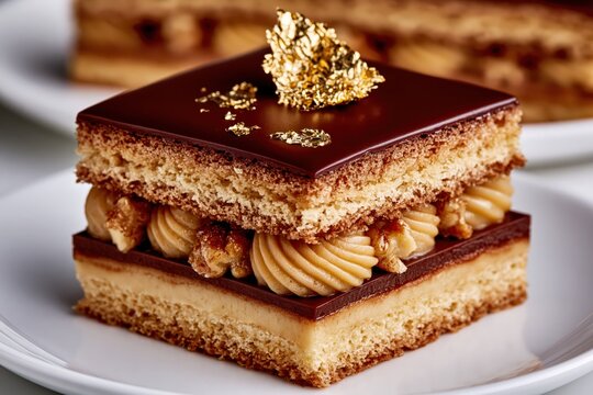 Luxury opera cake slice with chocolate glaze and gold leaf decoration