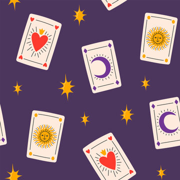 Esoteric magic seamless pattern with tarot playing cards on dark purple background for occult design. Flat vector illustration