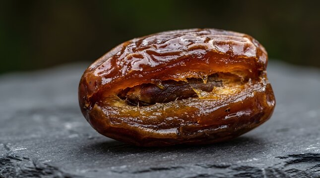 Single delicious dried date fruit close up on dark stone