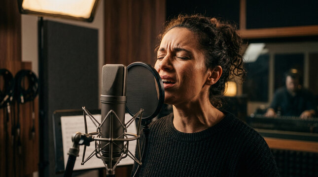 Female singer recording song in professional music studio