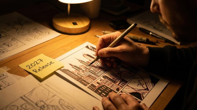 Illustrator Sketching Architectural Design on Drafting Board with 2027 Note