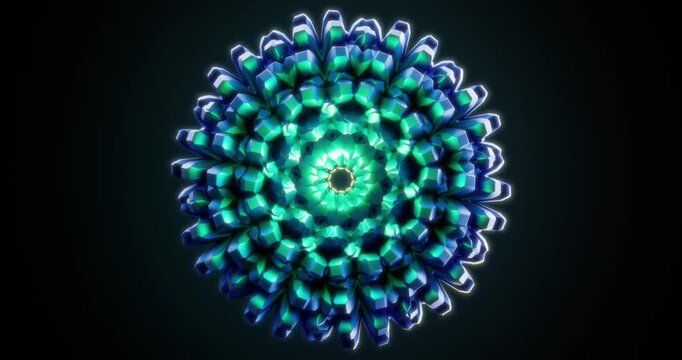 Abstract blue and turquoise geometric sphere continuously transforms between dense cubic structures and intricate radial patterns on a dark background.