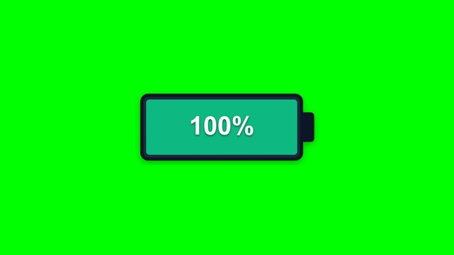 Fully Charged Battery Icon Displaying One Hundred Percent on Green Screen Background