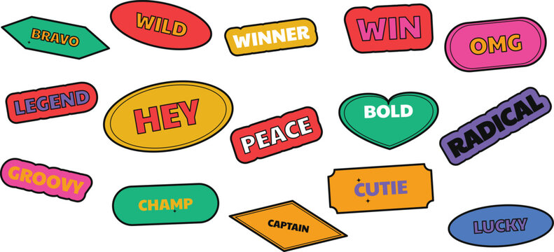 Colorful Retro Pop Art Sticker Set Vector Illustration with Fun Slang Words and Vibrant Text Bubbles