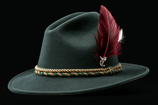 Green Tyrolean hat with red feather and gold braided cord band