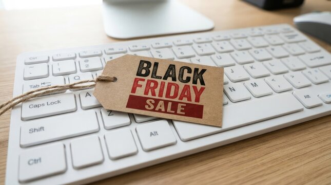 Black friday sale tag on a modern white computer keyboard on a wooden desk, representing online shopping, ecommerce, and holiday discount promotions black friday
