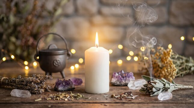 Wiccan altar setup with white burning candle, smoking sage bundle, crystals, herbs, and a small cauldron for witchcraft and pagan rituals.