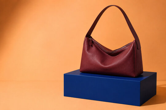 Burgundy slouchy shoulder bag on cobalt plinth with copy space