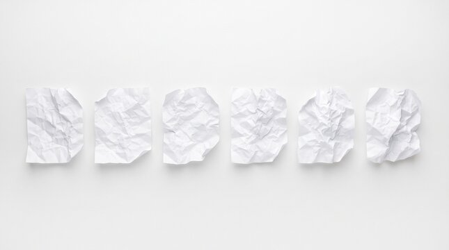 Crumpled white paper sheets in a row, textured wrinkled paper collection, six messy blank notes on white background
